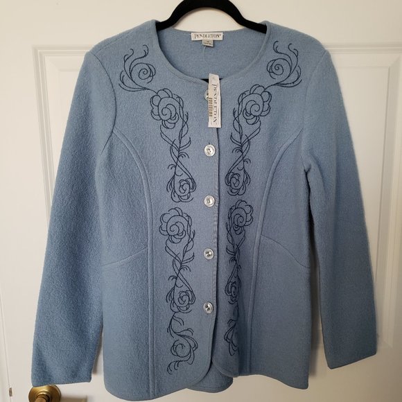 Pendleton Vintage Boiled Wool Embroidered Floral Blue Jacket - Picture 1 of 9